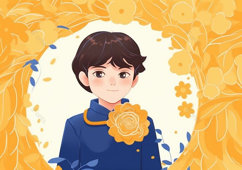 环形花朵黄色背景儿童节节日可爱小孩男孩一个人简约背景插画,插画/手绘图,插画/手绘图库,插画/手绘图下载,插画/手绘